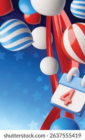 American happy Independence day vector 3D plastic style patriotic background design. Render balloons in USA flag colors, calendar, stars and red ribbon. Festive national celebration attributes