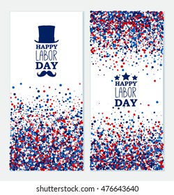 American Happy Labor Day banners set. Festive vertical banners with top hat, mustache, star.