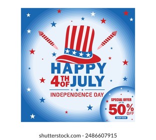 American hat and fireworks rocket. Shopping promotions on American Independence Day. Independence Day USA concept. Flat vector illustration.