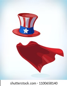 American hat. Independence day hat. Masquerade costume headdress. Carnival or Halloween mask. Cartoon Vector illustration. Funny super hero flying with cloak. Funny super hero flying with cloak.