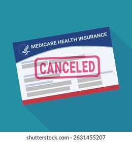 American health insurance card "Medicare" with a red stamp mark "CANCELED" in flat design style on a blue background with long shadow