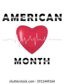 American Heart Month Banner. Heart, Cardiogram, Text. Vector Illustration.