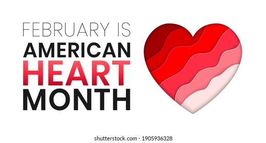 American Heart Month Banner Design Template. Vector Illustration Of Stylized Paper Cut Heart. Concept Of Awareness From Heart Problem And Blood Vessel Disease. Celebrate Annual In February