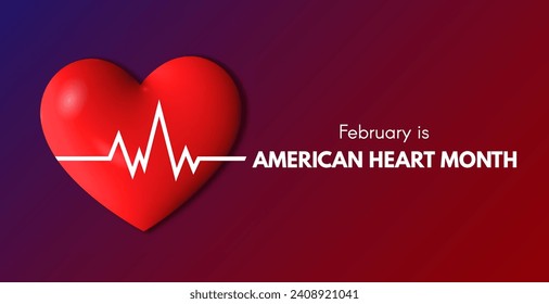 American Heart Month banner. Heartbeat line on the heart. Vector 3D illustration