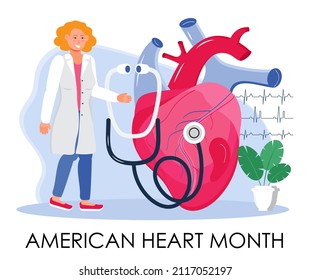 Vector de concepto de Mes del Corazón Americano. Concepto de cardiopatía con cardiólogo, electrocardiograma, cardiograma. Plantilla médica de hipotensión e hipertensión. Campaña de protección estadounidense en febrero.