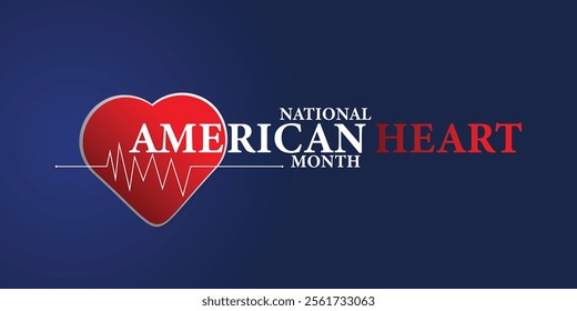 American heart month. Vector banner for social media. Illustration with text American heart month 2025. The U.S. flag in the shape of a heart