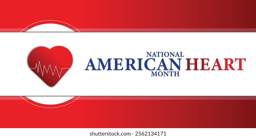 American heart month. Vector banner for social media. Illustration with text American heart month 2025. The U.S. flag in the shape of a heart