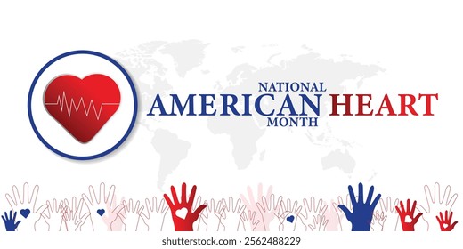 American heart month. Vector banner for social media. Illustration with text American heart month 2025. The U.S. flag in the shape of a heart