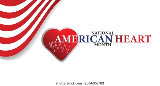 American heart month. Vector banner for social media. Illustration with text American heart month 2025. The U.S. flag in the shape of a heart