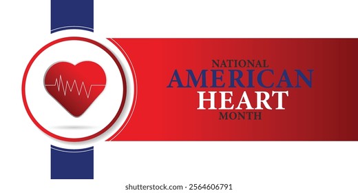 American heart month. Vector banner for social media. Illustration with text American heart month 2025. The U.S. flag in the shape of a heart