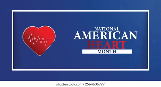 American heart month. Vector banner for social media. Illustration with text American heart month 2025. The U.S. flag in the shape of a heart