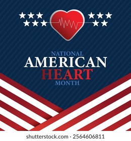 American heart month. Vector banner for social media. Illustration with text American heart month 2025. The U.S. flag in the shape of a heart