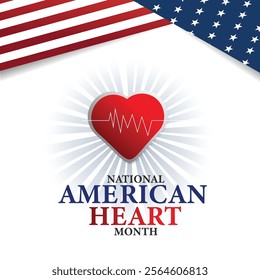 American heart month. Vector banner for social media. Illustration with text American heart month 2025. The U.S. flag in the shape of a heart