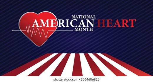 American heart month. Vector banner for social media. Illustration with text American heart month 2025. The U.S. flag in the shape of a heart