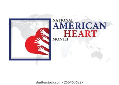 American heart month. Vector banner for social media. Illustration with text American heart month 2025. The U.S. flag in the shape of a heart