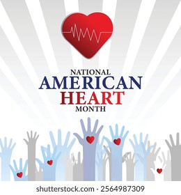 American heart month. Vector banner for social media. Illustration with text American heart month 2025. The U.S. flag in the shape of a heart