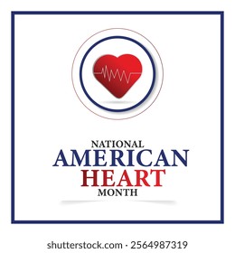 American heart month. Vector banner for social media. Illustration with text American heart month 2025. The U.S. flag in the shape of a heart