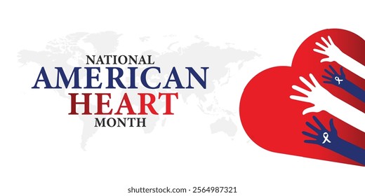 American heart month. Vector banner for social media. Illustration with text American heart month 2025. The U.S. flag in the shape of a heart