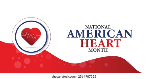 American heart month. Vector banner for social media. Illustration with text American heart month 2025. The U.S. flag in the shape of a heart