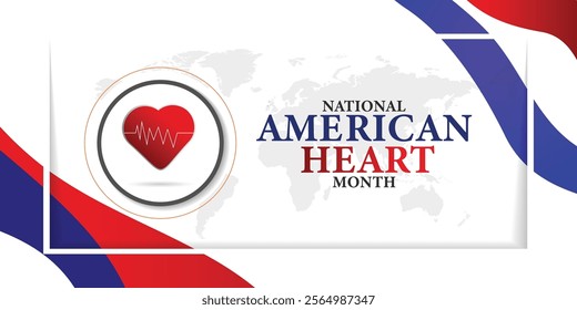 American heart month. Vector banner for social media. Illustration with text American heart month 2025. The U.S. flag in the shape of a heart