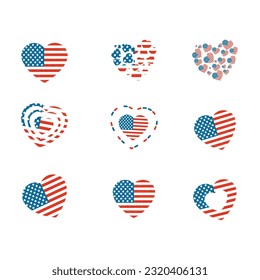 American heart vector icon set, usa 4th of july concept love symbol. Collection of Color red white blue flag. Flat design signs isolated on white background