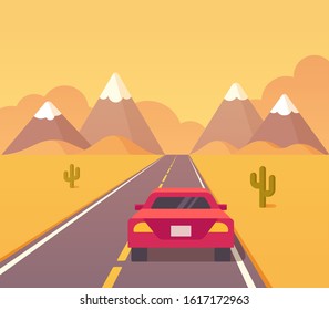 American highway travel vector illustration. Red car on a road trip through desert. Simple flat cartoon style vector illustration.
