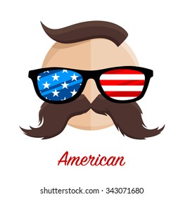 American hipster man with flag glasses and mustache / moustache. Vector illustration.