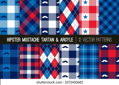 American Hipster Mustache Tartan Plaid and Argyle Vector Patterns in Patriotic Red, White and Blue.  4th of July or Father's Day Backgrounds. Barbershop Style. Pattern Tile Swatches Included.