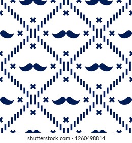 American Hipster Mustache Tartan Plaid and Argyle Vector Patterns in Patriotic White and Blue. 4th of July or Father's Day Backgrounds. Barbershop Style. Pattern Tile Swatches Included. eps10