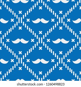 American Hipster Mustache Tartan Plaid and Argyle Vector Patterns in Patriotic Blue, White and Blue. 4th of July or Father s Day Backgrounds. Barbershop Style. Pattern Tile Swatches Included. eps10