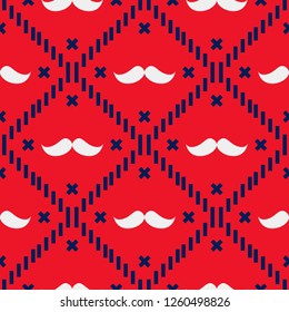 American Hipster Mustache Tartan Plaid and Argyle Vector Patterns in Patriotic Red, White and Blue. 4th of July or Father's Day Backgrounds. Barbershop Style. Pattern Tile Swatches Included. eps10