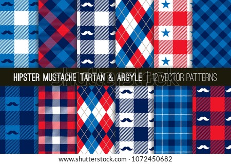 American Hipster Mustache Tartan Plaid and Argyle Vector Patterns in Patriotic Red, White and Blue.  4th of July or Father's Day Backgrounds. Barbershop Style. Pattern Tile Swatches Included.