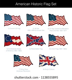 American Historic Waving Flag Set. The set includes flags from the Revolutionary, Civil, Korean and both World Wars. Vector Icons all elements neatly on Layers. Sepia overlay on a separate layer