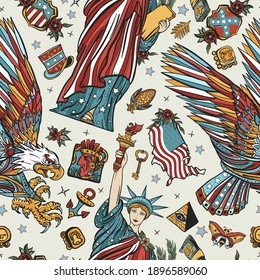 American history and culture, patriotic background. USA seamless pattern. United States of America concept. Old school tattoo style. Statue of liberty, eagle, flag, map 