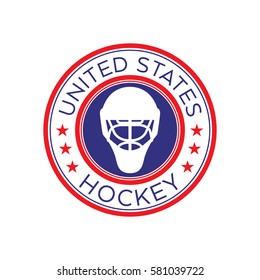 An American hockey crest in vector format. This round shield features stars, text that says United States, and a goalie mask.