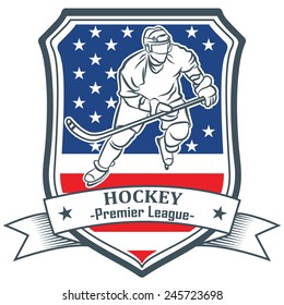 American Hockey player. Ice hockey badge and emblem design elements. 
United states shield with flag