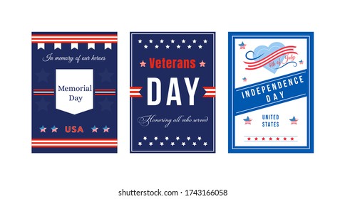 American holiday flat vector brochure template set. Memorial and Veterans Day. Flyer, booklet, printable leaflet design. Magazine page, cartoon annual reports, infographic posters with text space