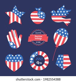 American holiday flat vector icon set. United States of America flag colors symbols illustration. Greeting party celebration decoration background. USA flag color heart, star, shield shapes collection