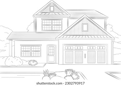 American Home Black and White Line Art Illustration