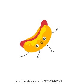 American hot dog cute smile. Hand drawn cartoon doodle kawaii fast food character. Childish illustration in a simple naive style. Vector isolate on white background. Perfect for printing