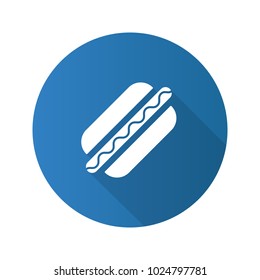 American hot dog flat design long shadow glyph icon. Sausage in dough. Vector silhouette illustration