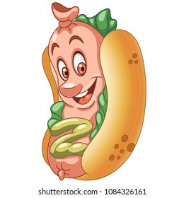 American Hot Dog. Happy Fast Food concept. Funny Emoticon. Smiley idea. Emoji cartoon design for kids coloring book, colouring page, t-shirt print, icon, logo, label, patch, sticker.