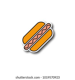 American hot dog patch. Sausage in dough color sticker. Vector isolated illustration