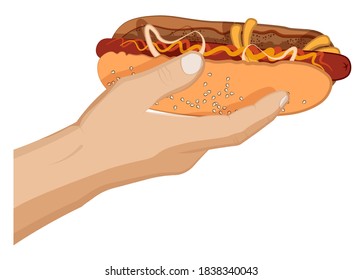 American hot dog with sausage, mustard and ketchup in a mans hand. Fast food. Cartoon vector on white background