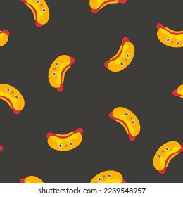 Sonrisa tierna en el patrón sin costuras de hot dog norteamericano. Caricatura infantil dibujada a mano doodle kawaii personaje de comida rápida. Ilustración infantil vectorial en un sencillo estilo ingenuo. Perfecto para imprimir