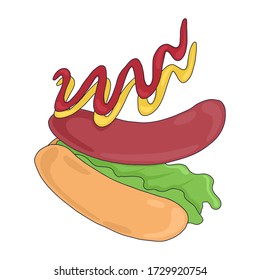 American hot dog vector cartoon illustration. Bright fast food with bun, sausage, leaves lettuce, ketchup, and mustard. Tasty food concept for cafe, restaurant, menu design.
