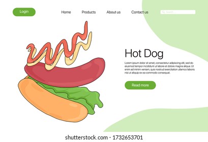 American hot dog vector cartoon landing page template. Bright fastfood with bun, sausage, leaves lettuce, ketchup, and mustard. Tasty food concept for cafe, restaurant, menu design.