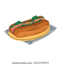 Amerikanischer Hotdog. Vektor Fast Food mit Wurst oder Frankfurter in Brötchen oder Brot. Wiener mit Ketschup und Senf. Straßenschild oder Schnellernährungsschild. Gericht oder Mahlzeit für Festival oder Baseball. Mittagessen.
