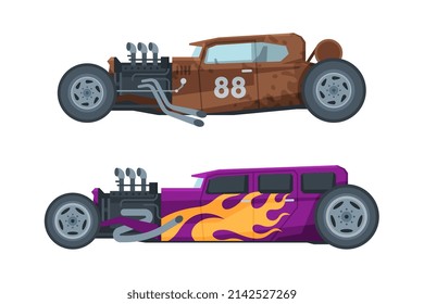 American Hot Rod Car with Large Engine and Tubes for Speed and Acceleration Vector Set