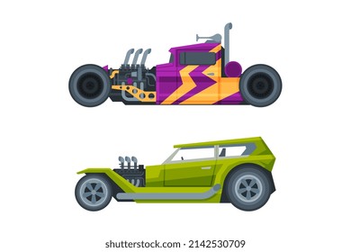 American Hot Rod Car with Large Engine and Tubes for Speed and Acceleration Vector Set